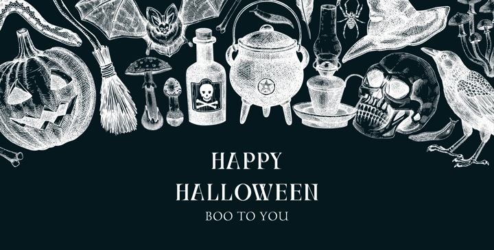 Halloween background on chalkboard. Hand drawn vector illustration. Skulls, bones, pumpkin, poison, snakes, mushroom sketches. Autumn holiday banner. Vintage Halloween design elements
